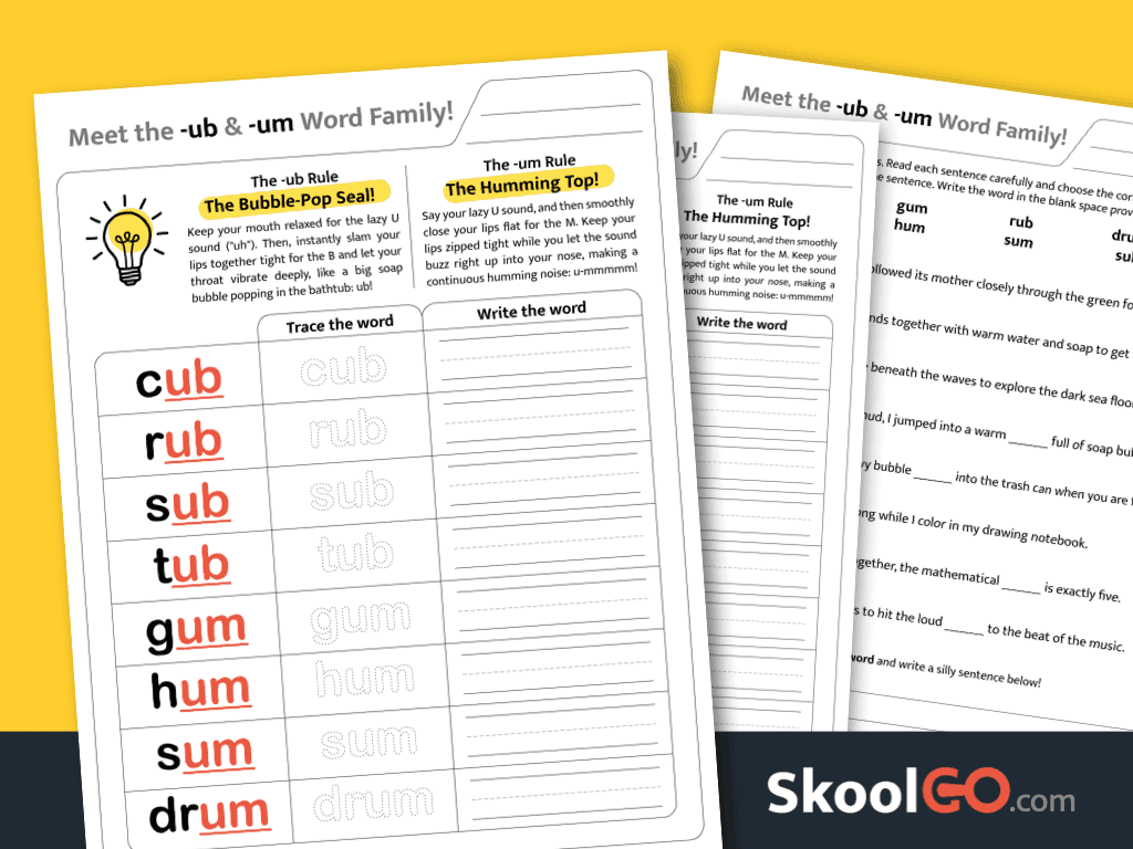 ub & um Word Family Worksheet – Fun phonics practice for early readers
