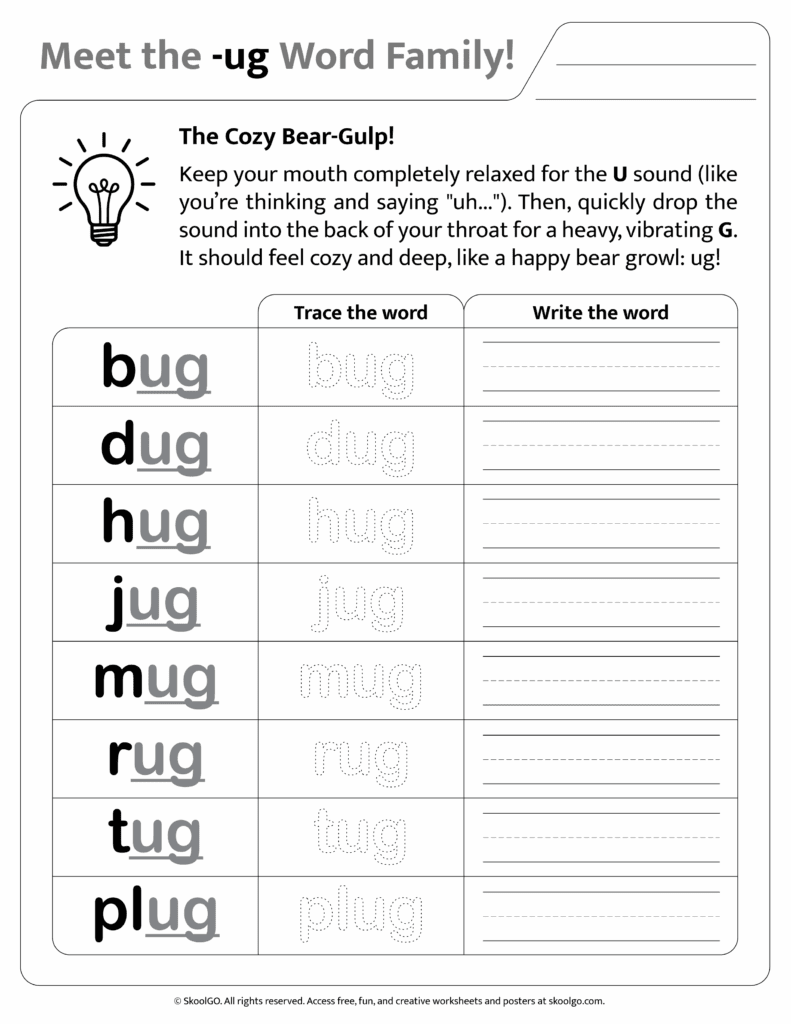 Black and white printable version of [ug] phonics worksheet