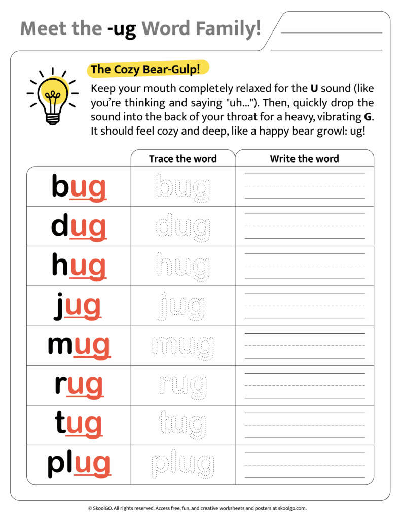 Color version of [ug] word family worksheet for engaging phonics learning