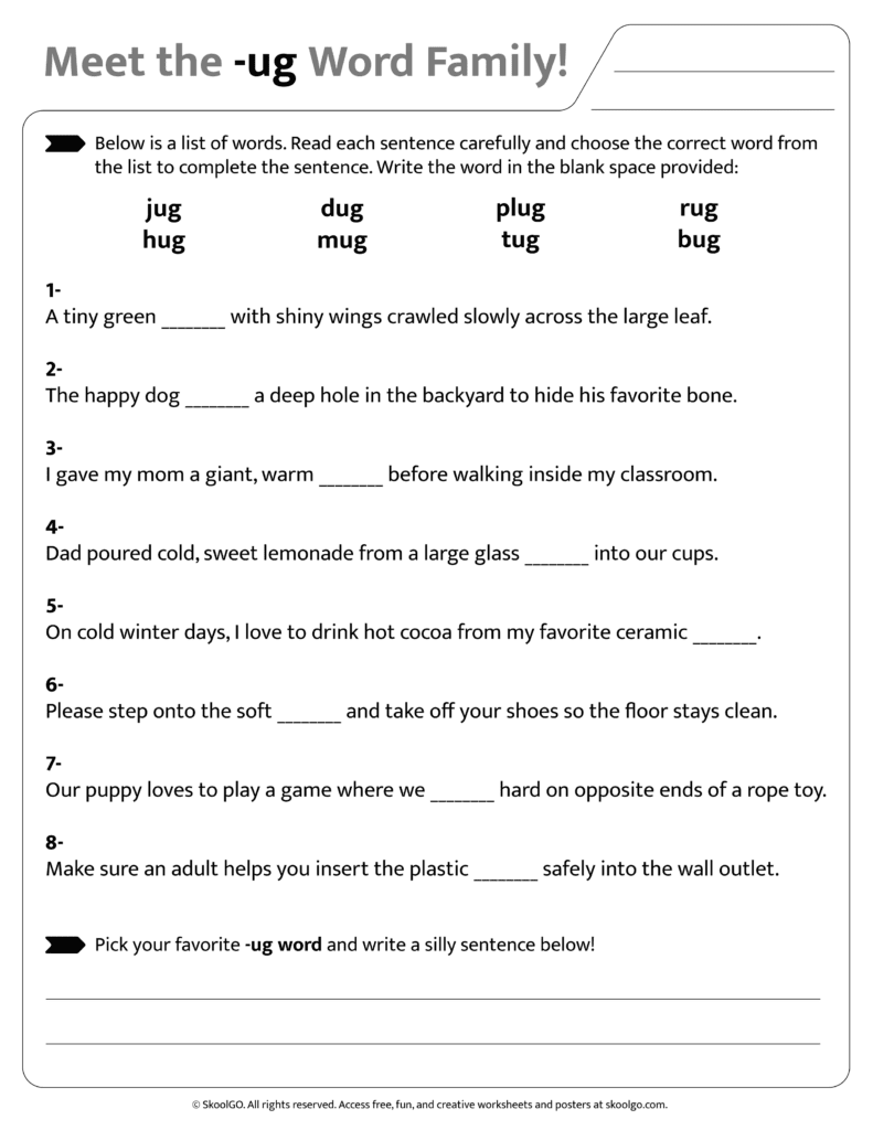Sentence and word practice activities for [ug] word family worksheet