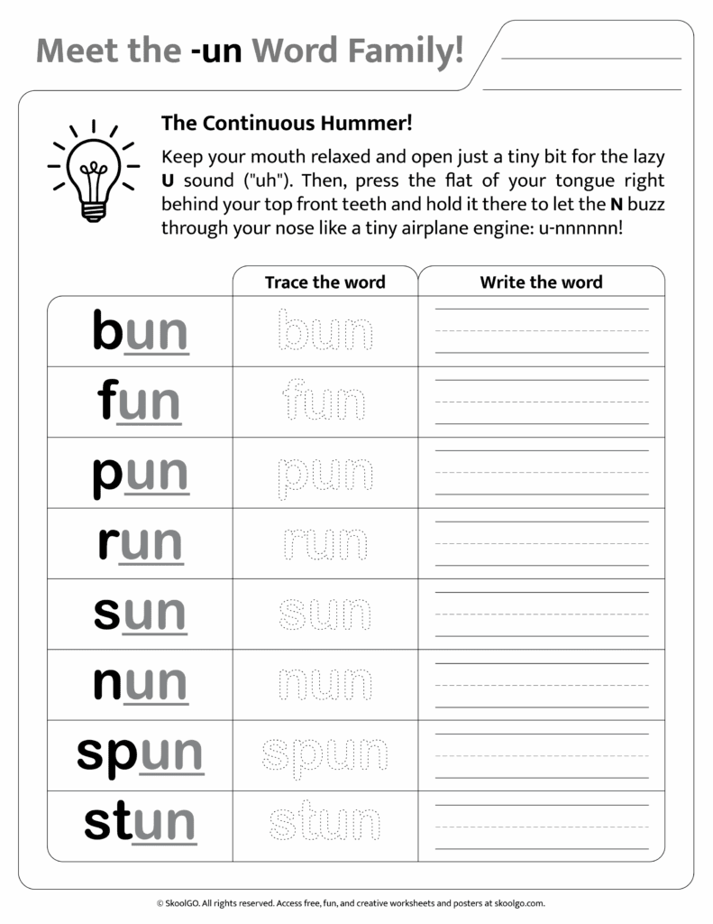 Black and white printable version of [un] phonics worksheet