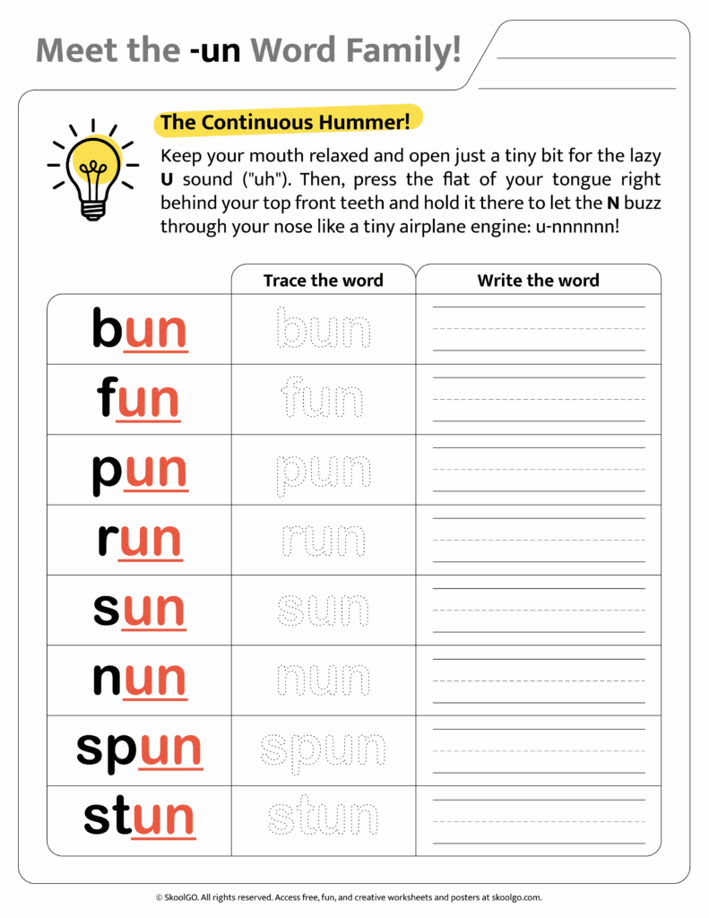 Color version of [un] word family worksheet for engaging phonics learning