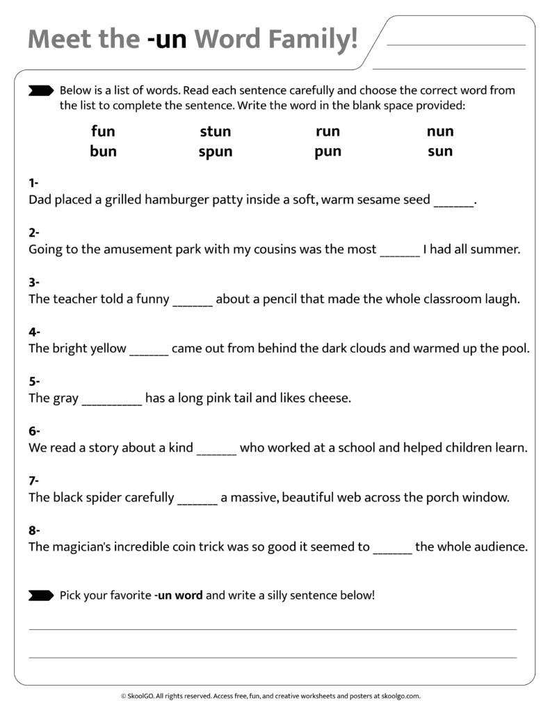 Sentence and word practice activities for [un] word family worksheet