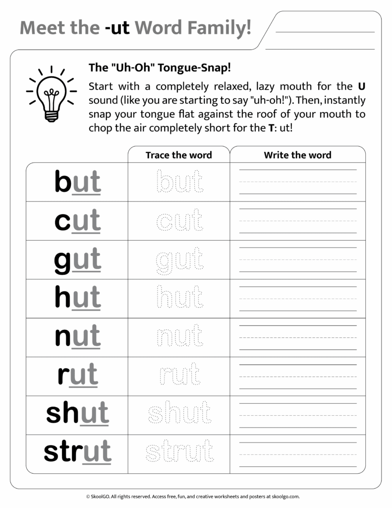Black and white printable version of [ut] phonics worksheet