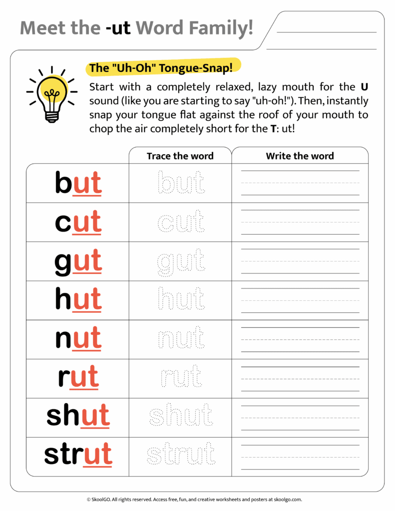 Color version of [ut] word family worksheet for engaging phonics learning