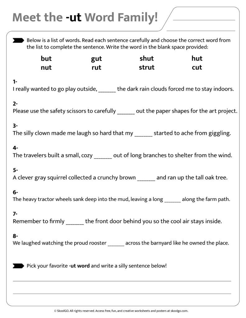 Sentence and word practice activities for [ut] word family worksheet
