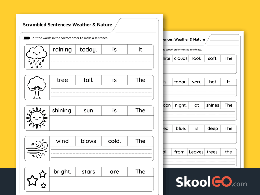 Weather and nature scrambled sentences worksheet for science and grammar practice