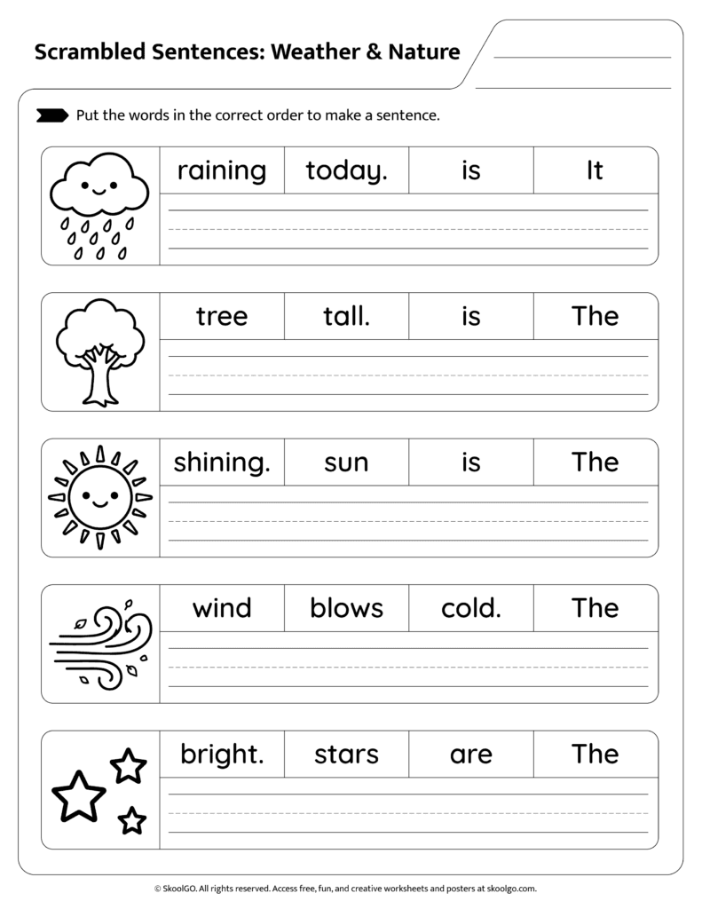 Weather Sentence Scramble Worksheet Page 1 Students building sentences about weather and nature page 1