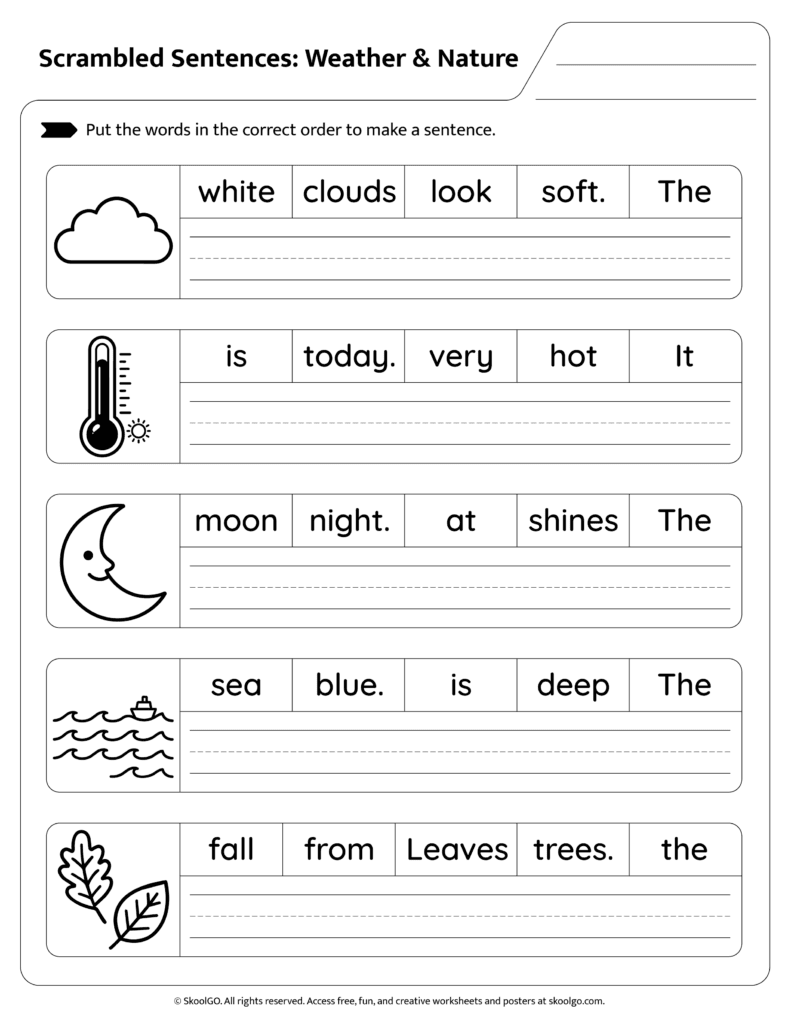 Nature Sentence Scramble Worksheet Page 2 Nature themed scrambled sentences worksheet for kids page 2