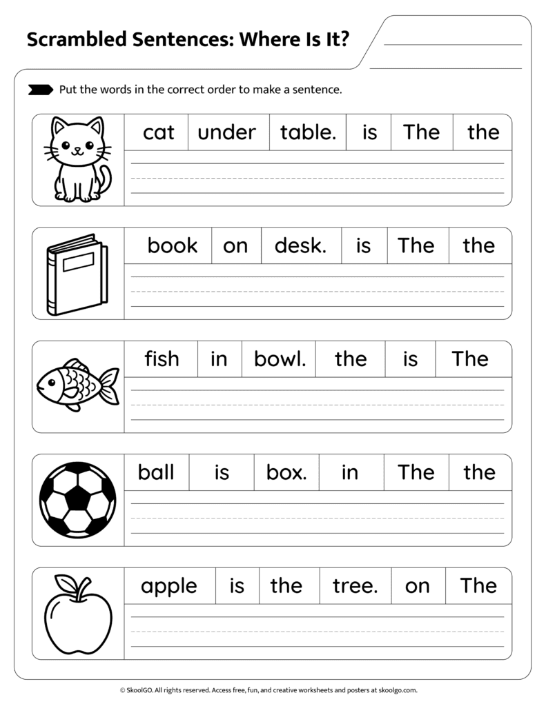 Where Is It Sentence Scramble Page 1 Students learning prepositions through sentence scramble page 1