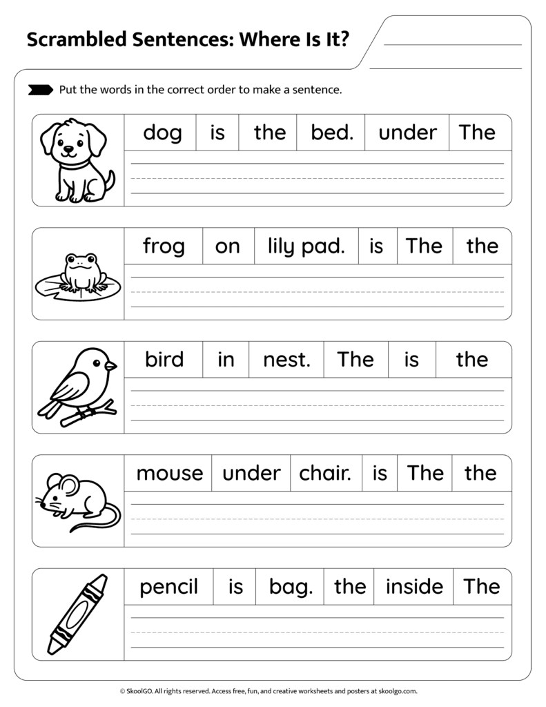 Where Is It Grammar Worksheet Page 2 Preposition sentence scramble worksheet for kids page 2