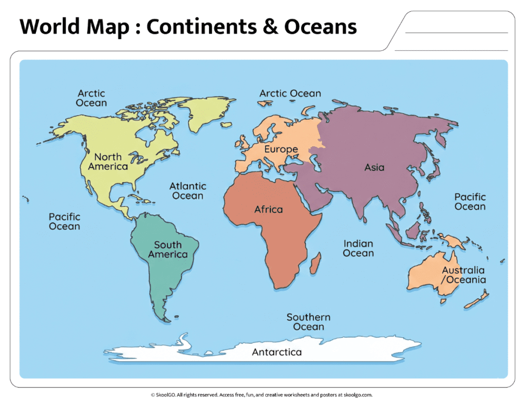 World Map Continents and Oceans Color Reference Page Color world map showing continents and oceans for geography practice