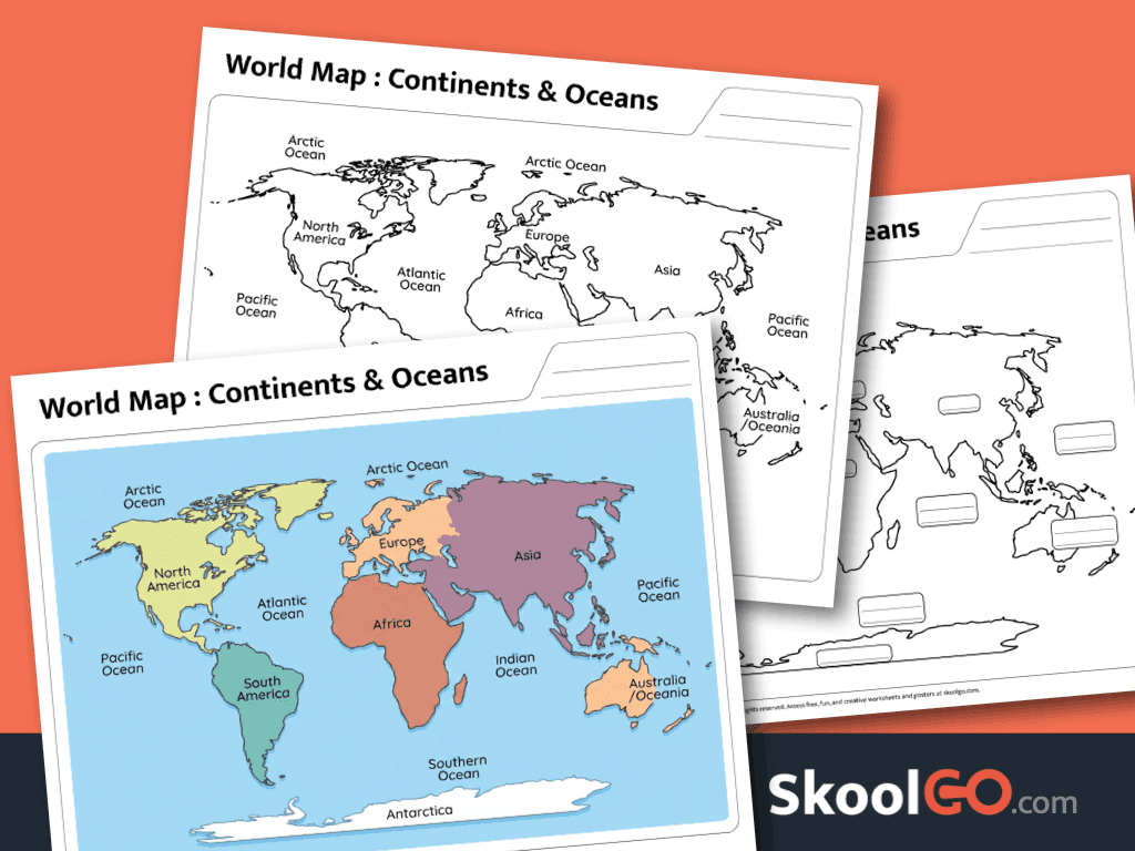 World map continents and oceans worksheet printable for geography learning