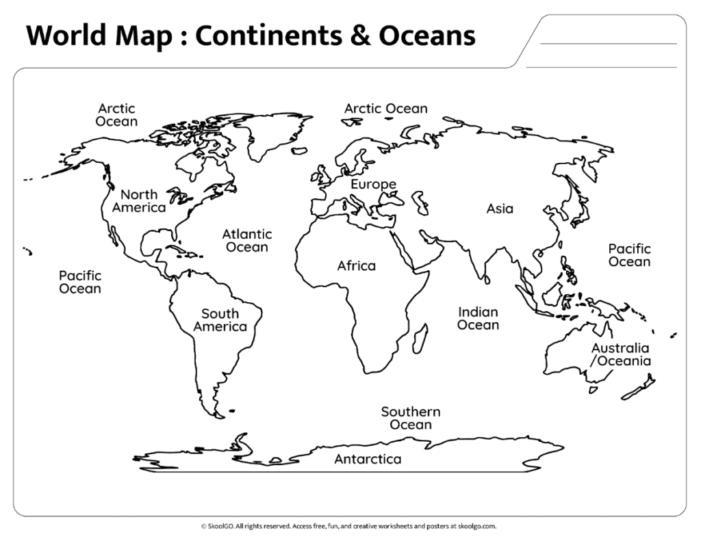 World Map Continents and Oceans Practice Activity Practice world map for identifying continents and oceans