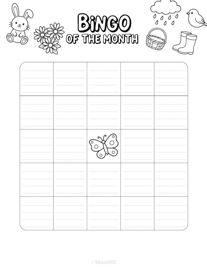 April Bingo Activity Black and White Printable April bingo activity page for journaling and planning in black and white