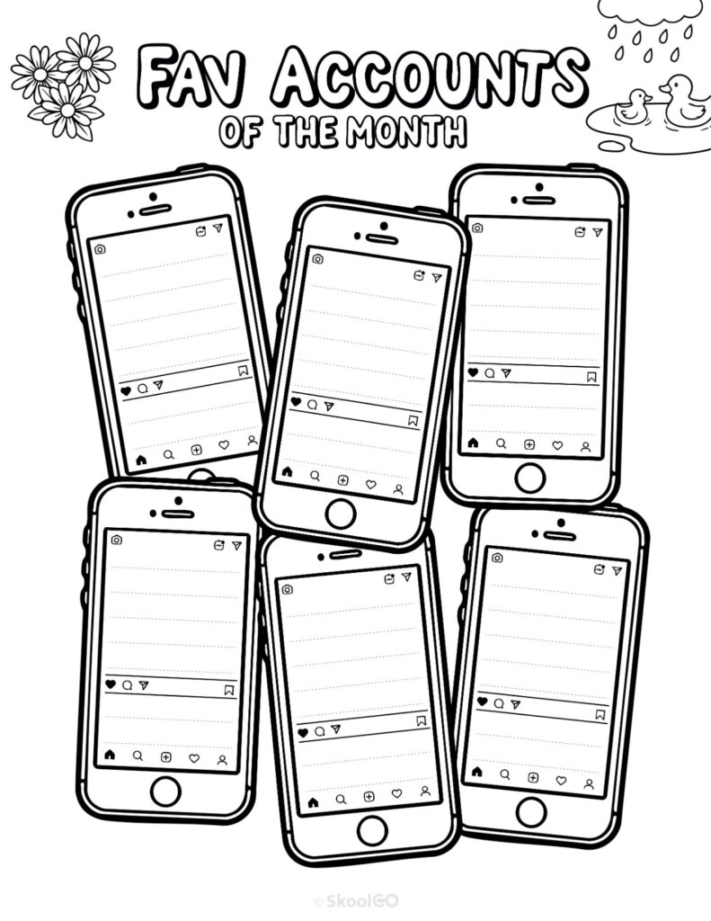 April Fav Accounts Page Black and White Printable April social networks fav accounts page for journaling, planning, and reminders in black and white