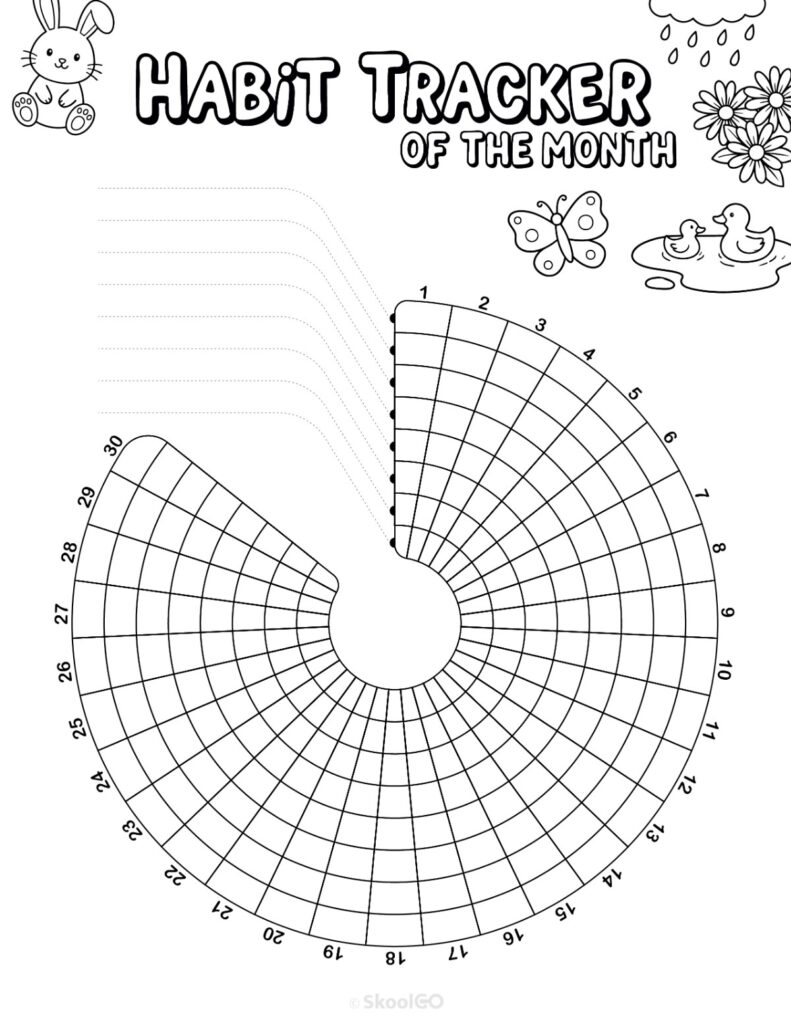 Printable April habit tracker calendar page in black and white