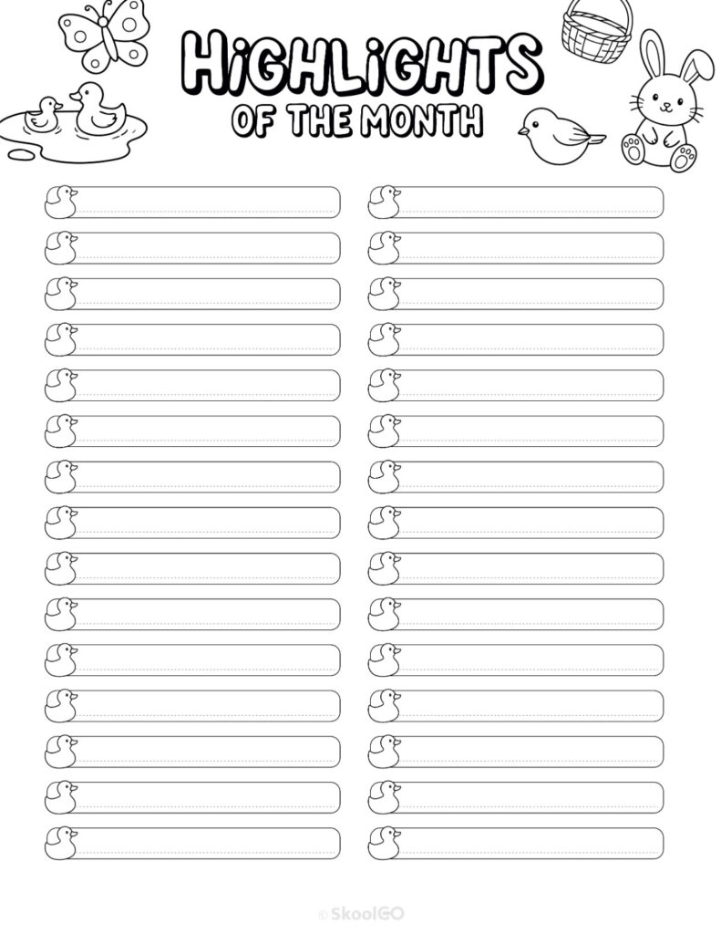 April Highlights Page Black and White Printable April highlights page for journaling, planning, and reminders in black and white