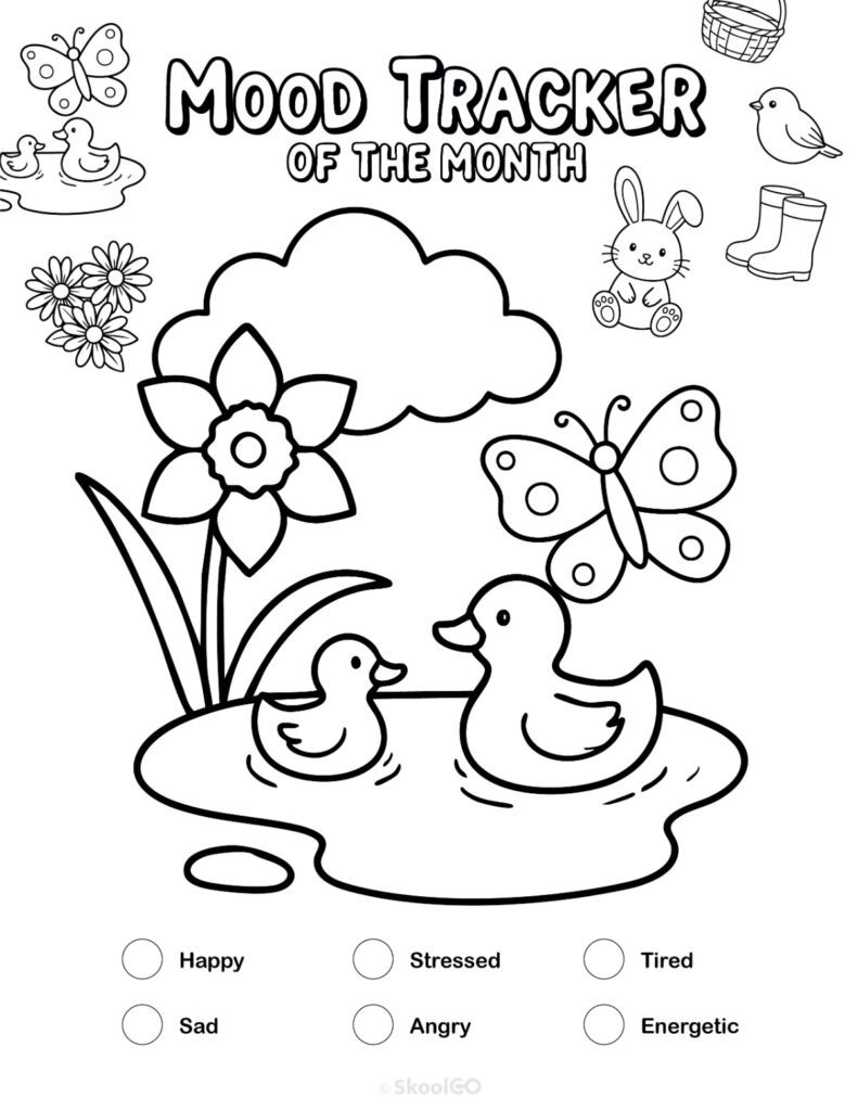 Printable April mood tracker page in black and white
