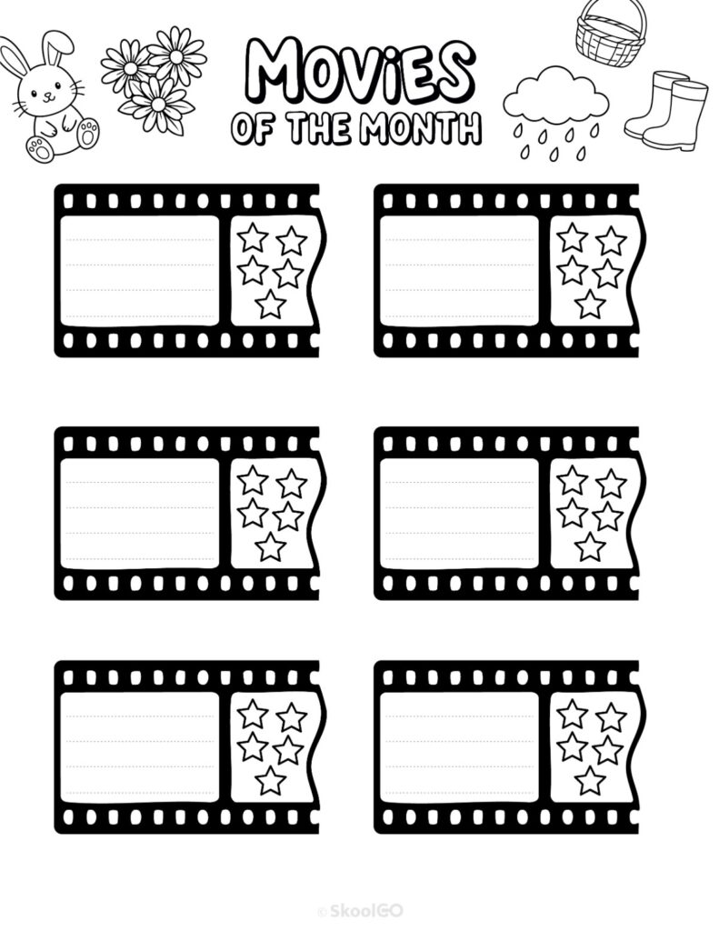April Movies Page Black and White Printable April movies page for journaling, planning, and reminders in black and white