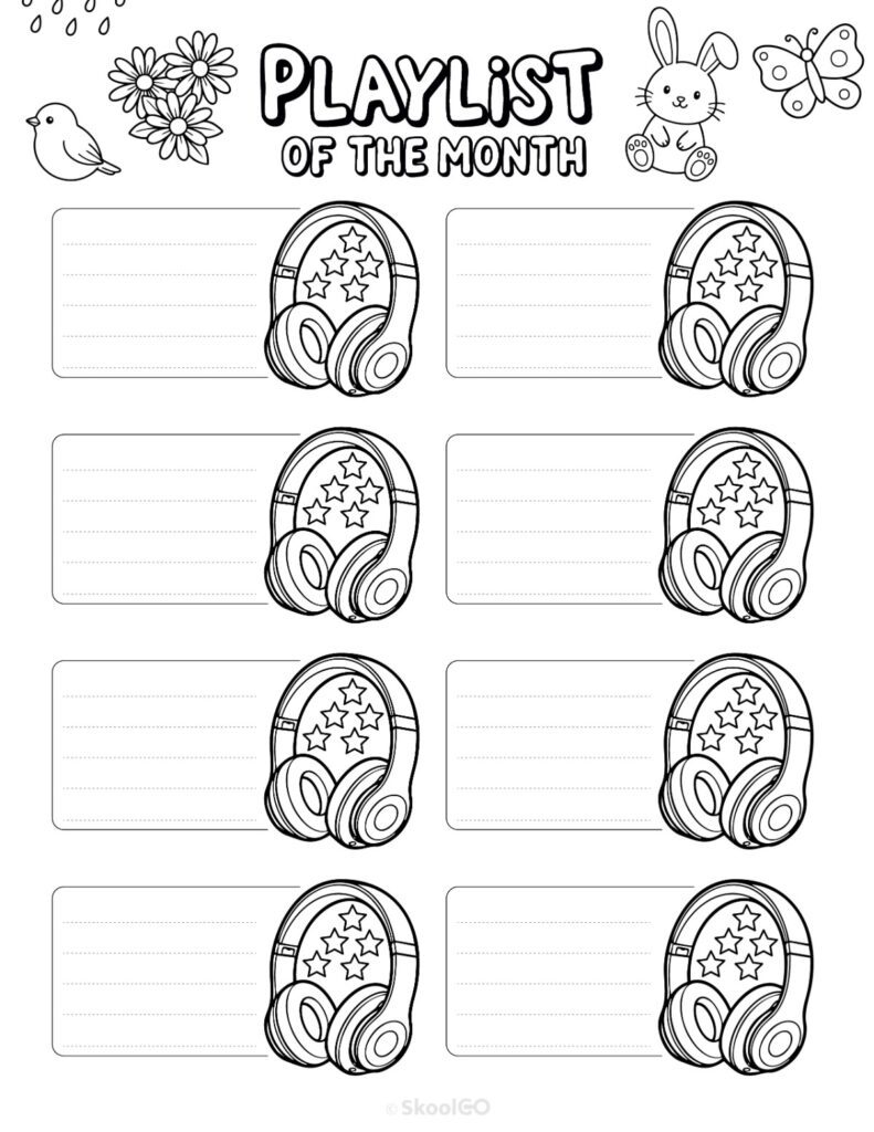 April Playlists Page Black and White Printable April playlists page for journaling, planning, and reminders in black and white
