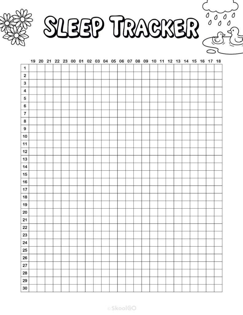 Printable April sleep tracker planner page in black and white