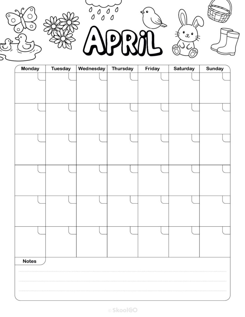 Monthly Journal Planning Page Black and White April monthly journal planner printable page in black and white
