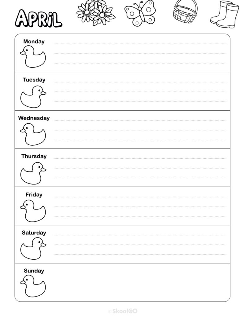 April Weekly Calendar Monday Start Black and White Printable April weekly planner with Monday start and notes section in black and white