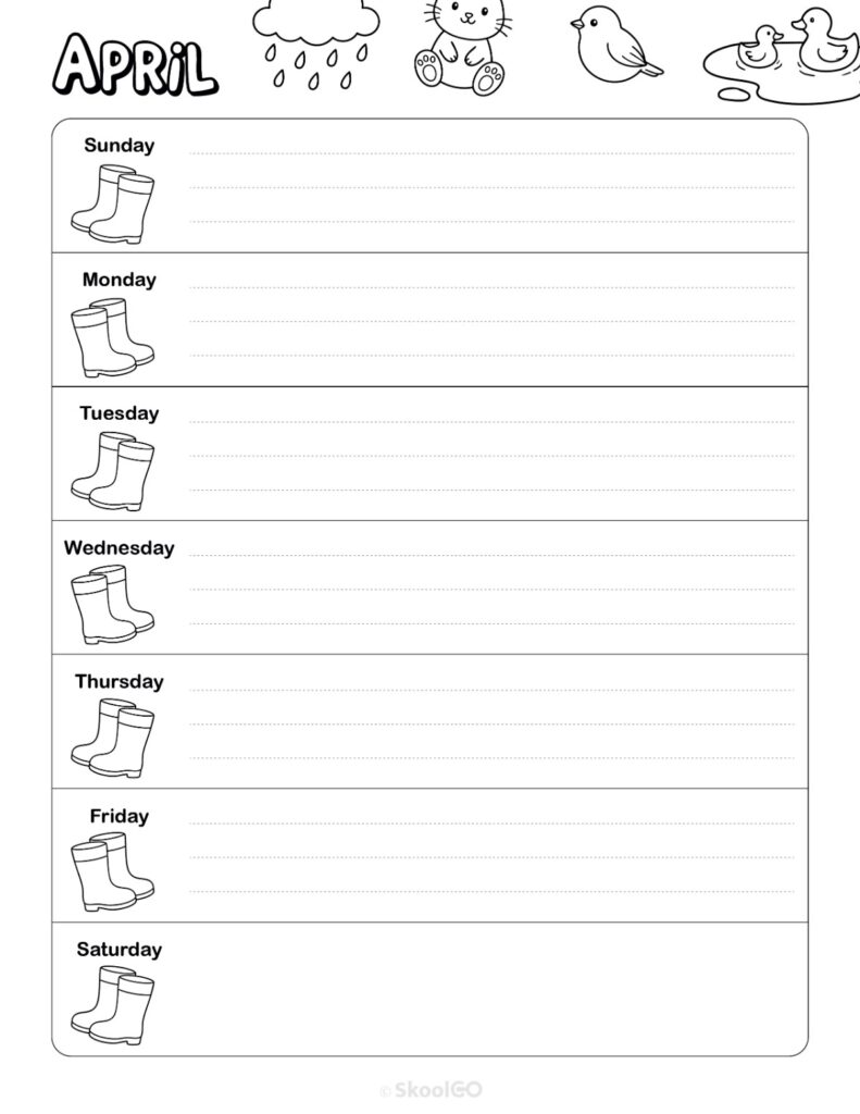 April Weekly Calendar Sunday Start Black and White Printable April weekly planner with Sunday start and notes section in black and white