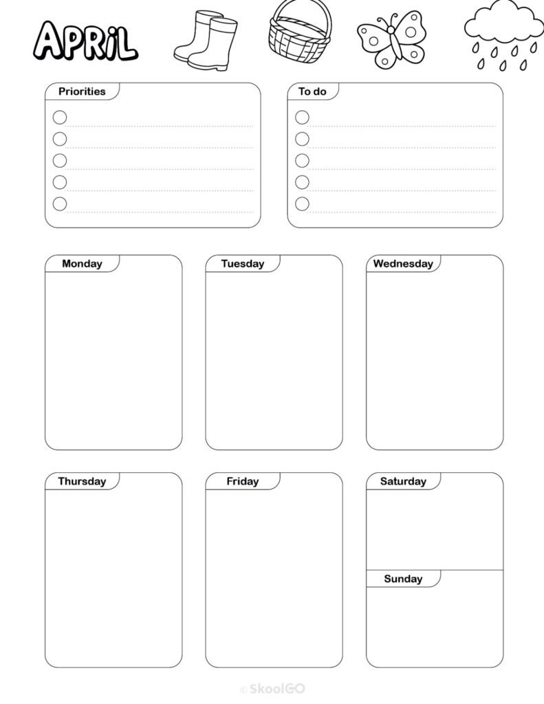 April Weekly Planner Black and White Printable April weekly planner with priorities and to-do list in black and white
