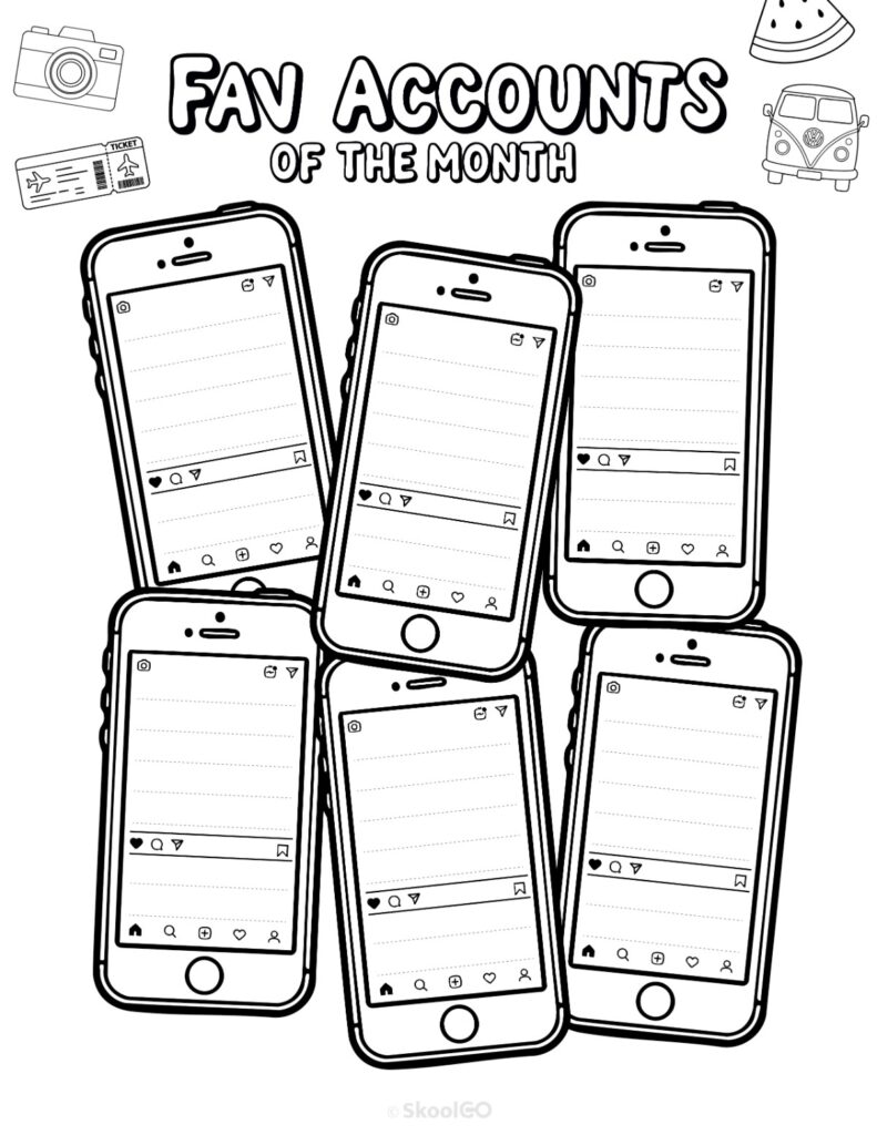 August Fav Accounts Page Black and White Printable August social networks fav accounts page for journaling, planning, and reminders in black and white
