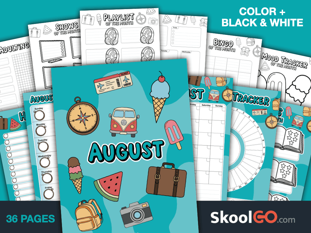 Free Printable August Journal Planner Bundle with calendars, trackers, journals, and planning pages
