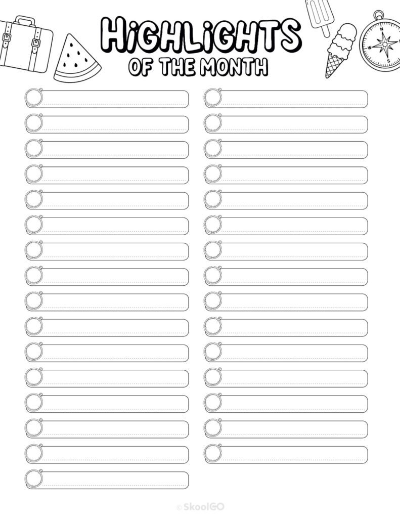 August Highlights Page Black and White Printable August highlights page for journaling, planning, and reminders in black and white