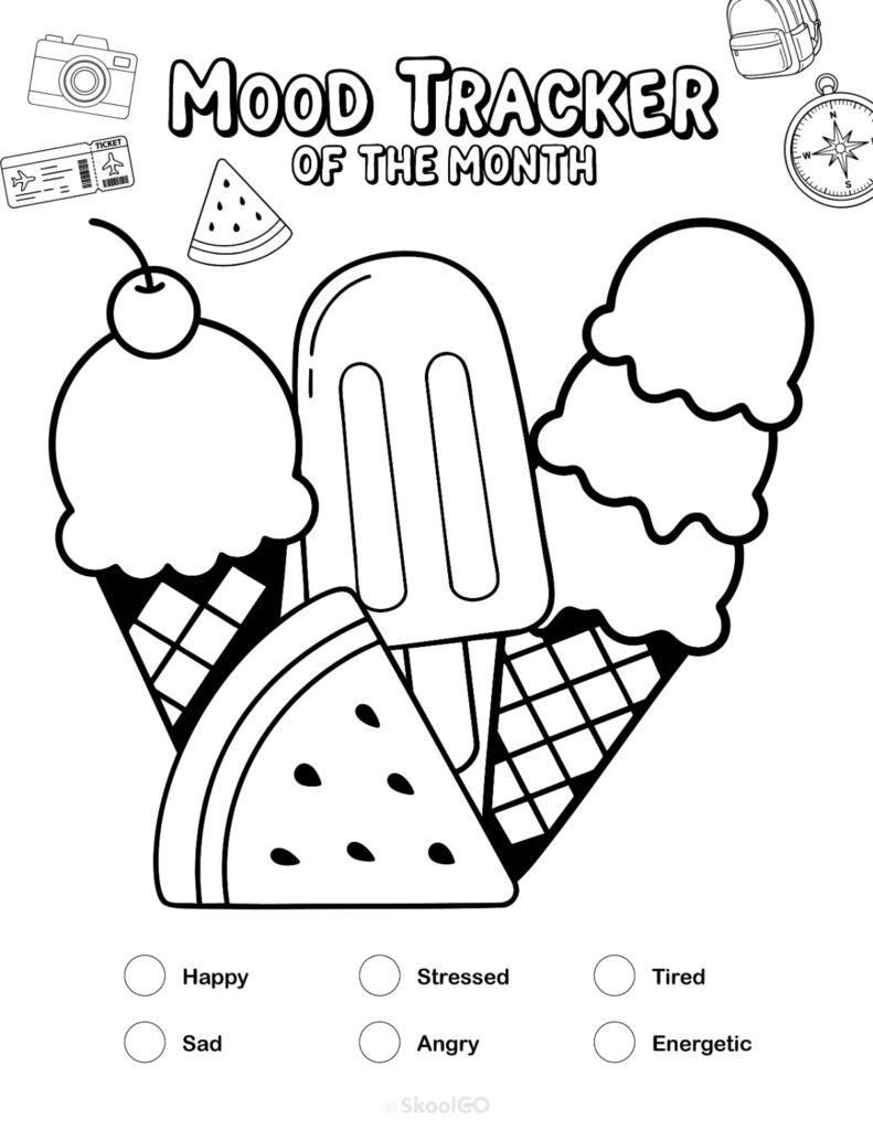 Printable August mood tracker page in black and white