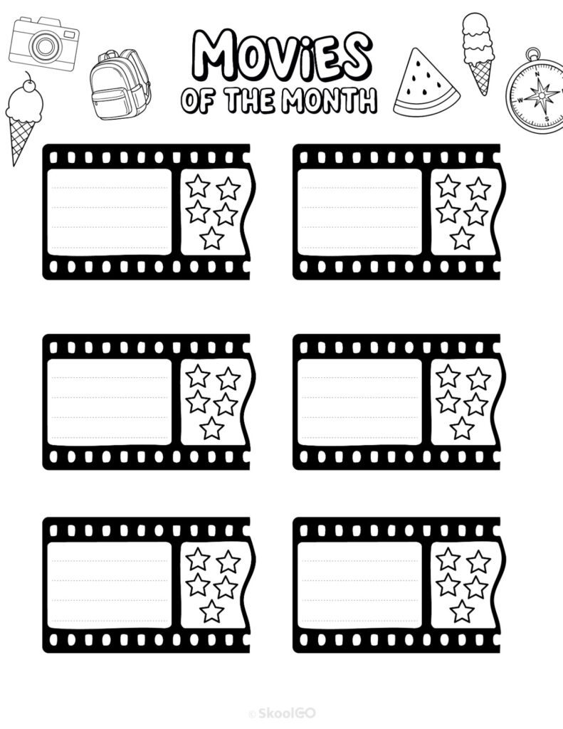 August Movies Page Black and White Printable August movies page for journaling, planning, and reminders in black and white