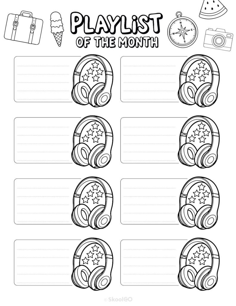 August Playlists Page Black and White Printable August playlists page for journaling, planning, and reminders in black and white