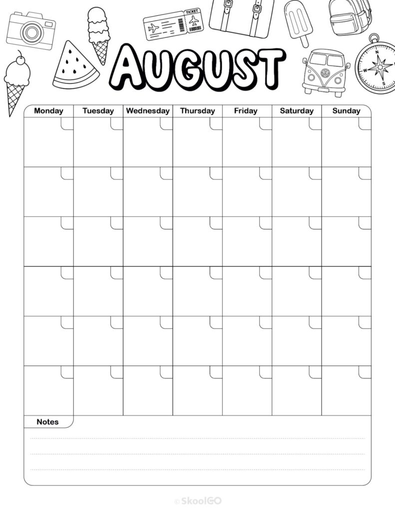 Monthly Journal Planning Page Black and White August monthly journal planner printable page in black and white