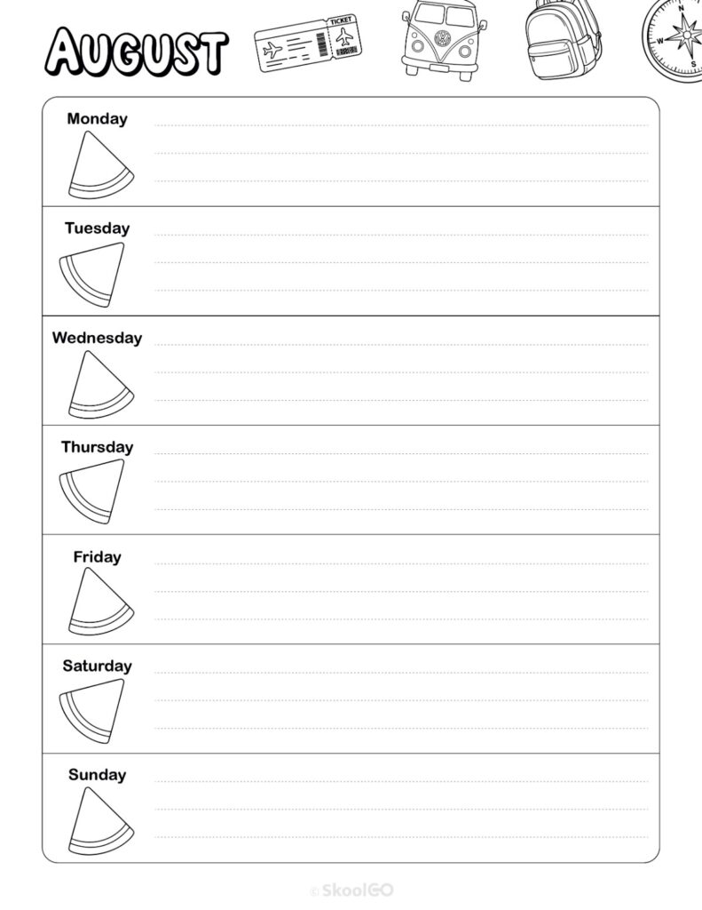 August Weekly Calendar Monday Start Black and White Printable August weekly planner with Monday start and notes section in black and white