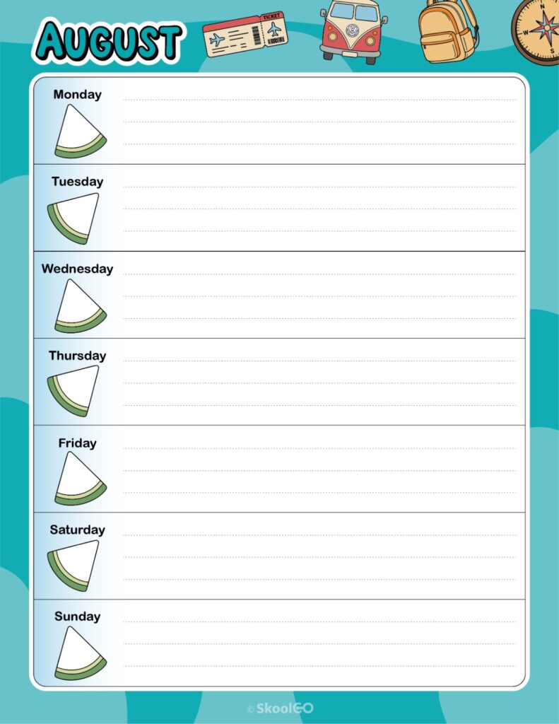 August Weekly Calendar Monday Start Printable August weekly planner with Monday start and notes section