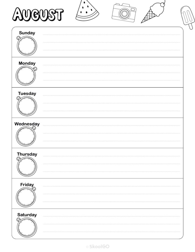 August Weekly Calendar Sunday Start Black and White Printable August weekly planner with Sunday start and notes section in black and white