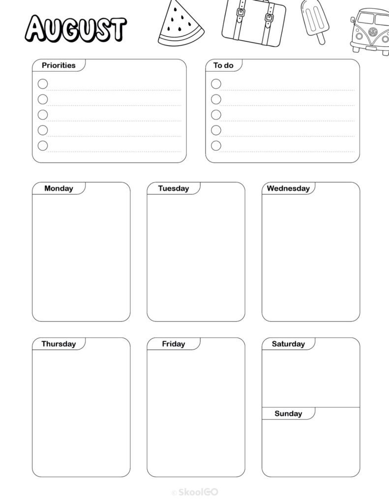 August Weekly Planner Black and White Printable August weekly planner with priorities and to-do list in black and white