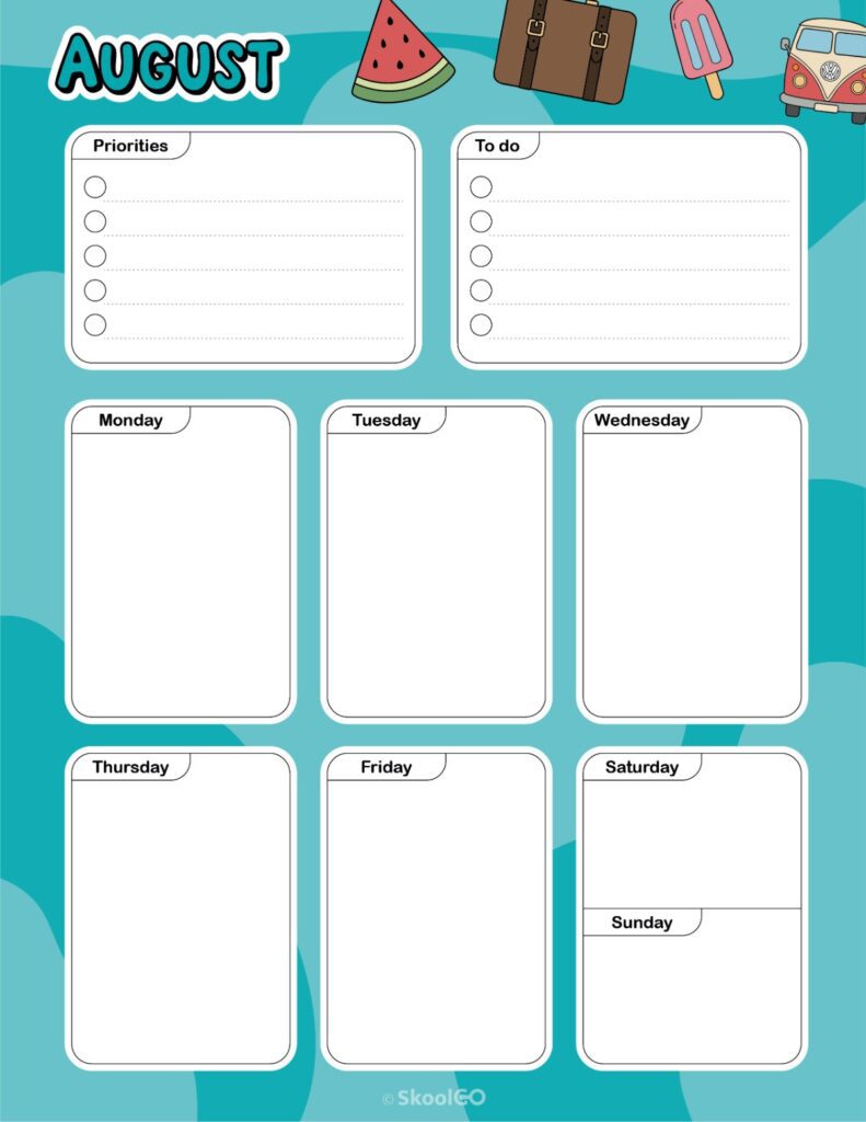 August Weekly Planner Printable August weekly planner with priorities and to-do list