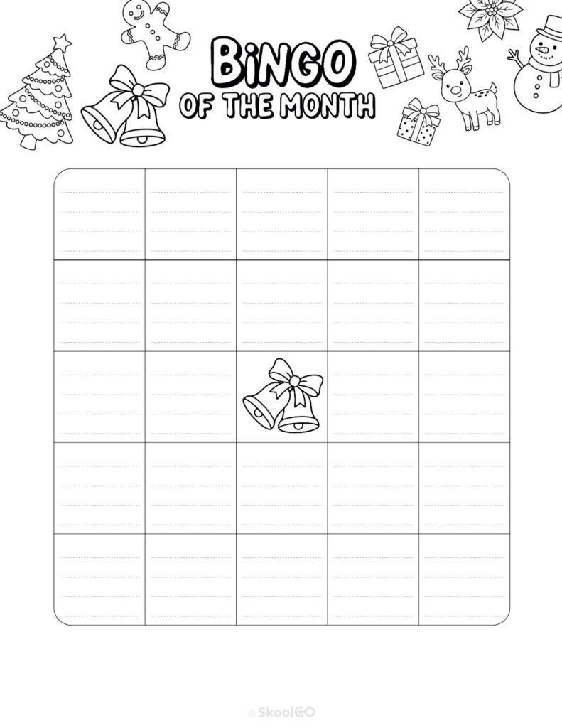 Printable December bingo activity page for journaling and planning in black and white
