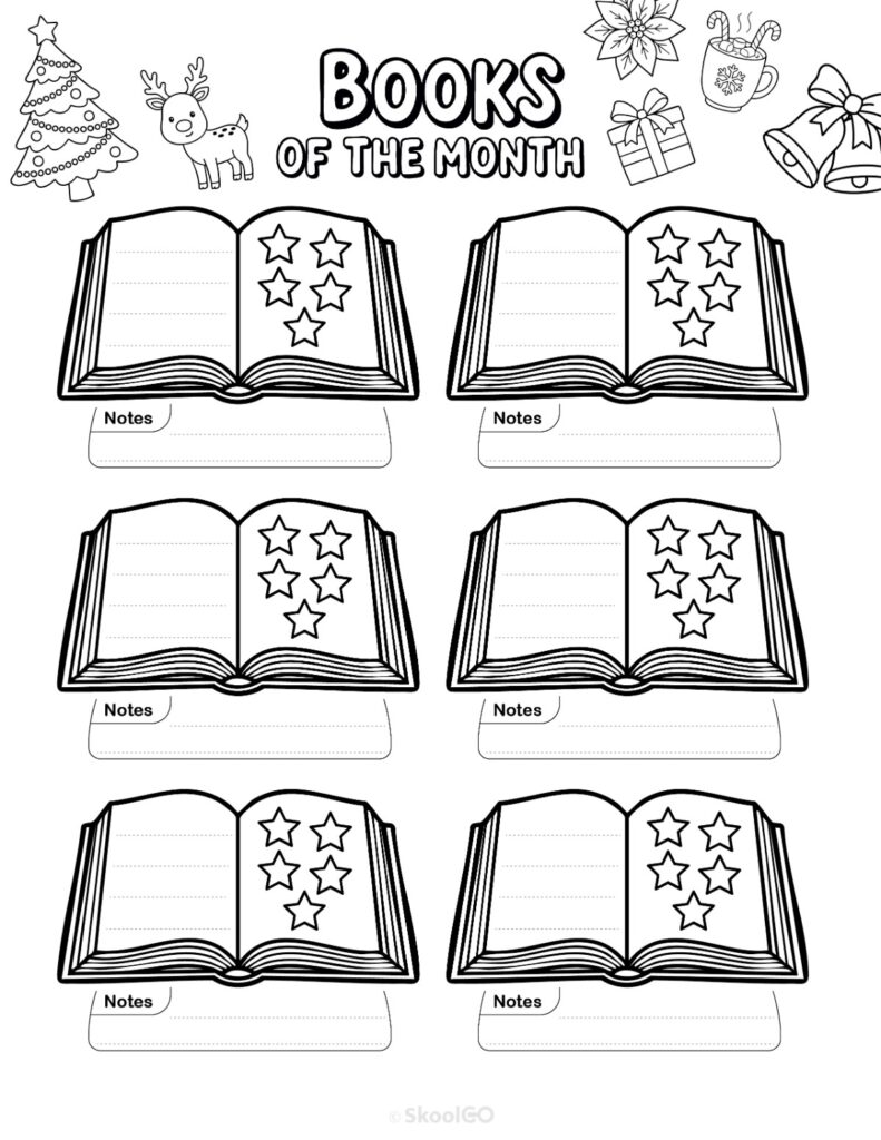 Printable December books page for journaling, planning, and reminders in black and white