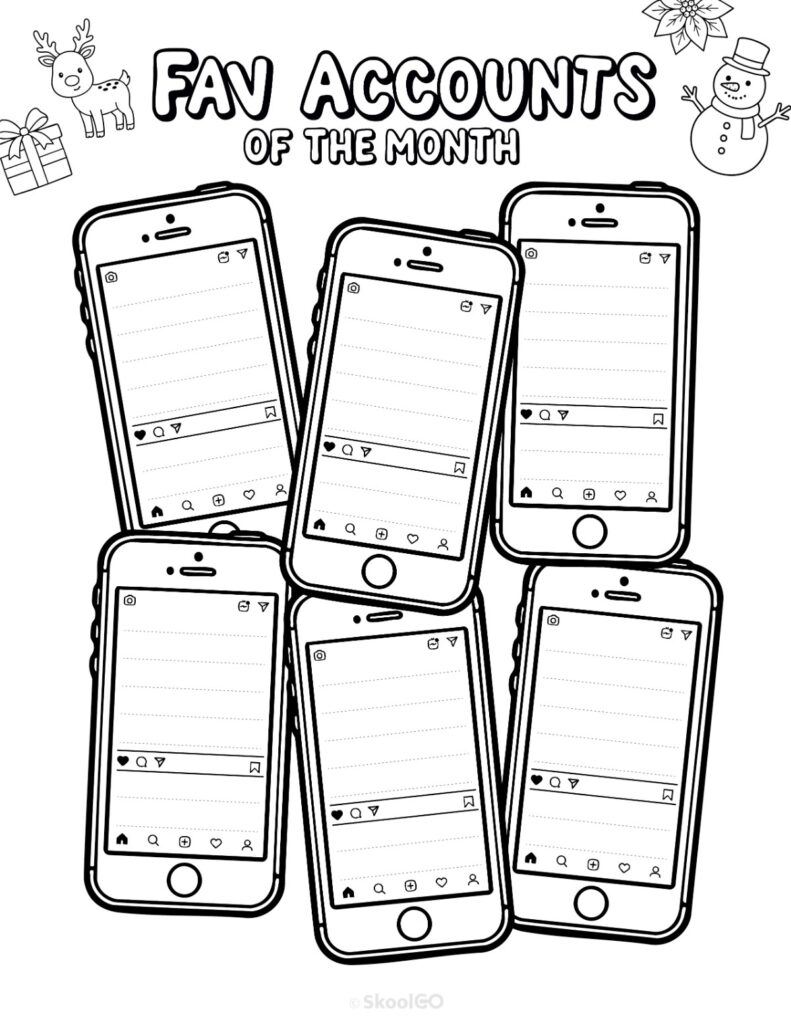 Printable December social networks fav accounts page for journaling, planning, and reminders in black and white