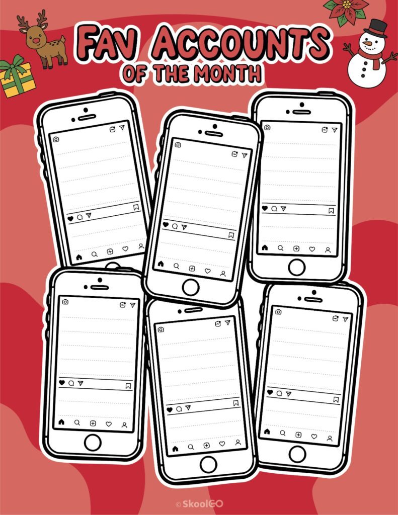 Printable December social networks fav accounts page for journaling, planning, and reminders