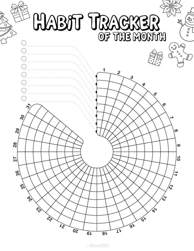 Printable December habit tracker calendar page in black and white