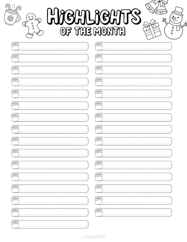 Printable December highlights page for journaling, planning, and reminders in black and white