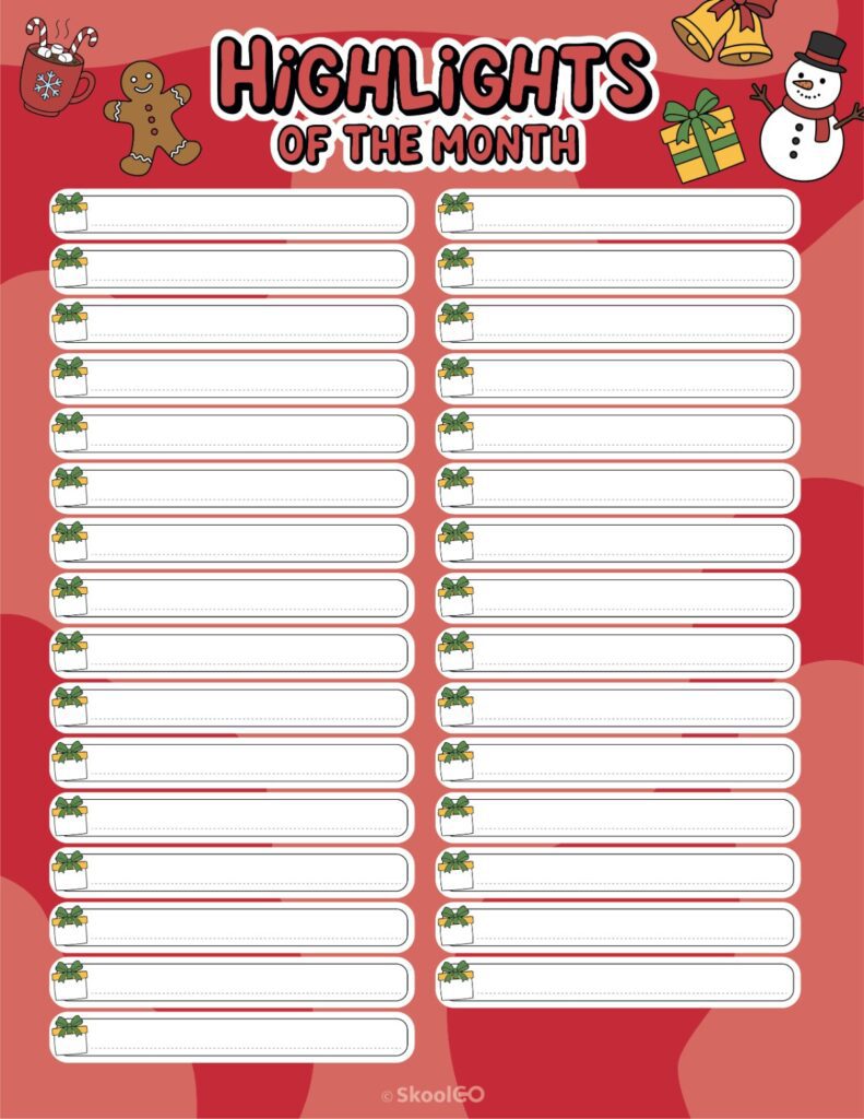 Printable December highlights page for journaling, planning, and reminders