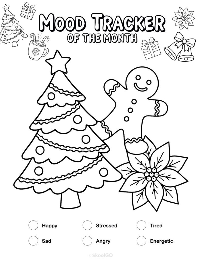 Printable December mood tracker page in black and white
